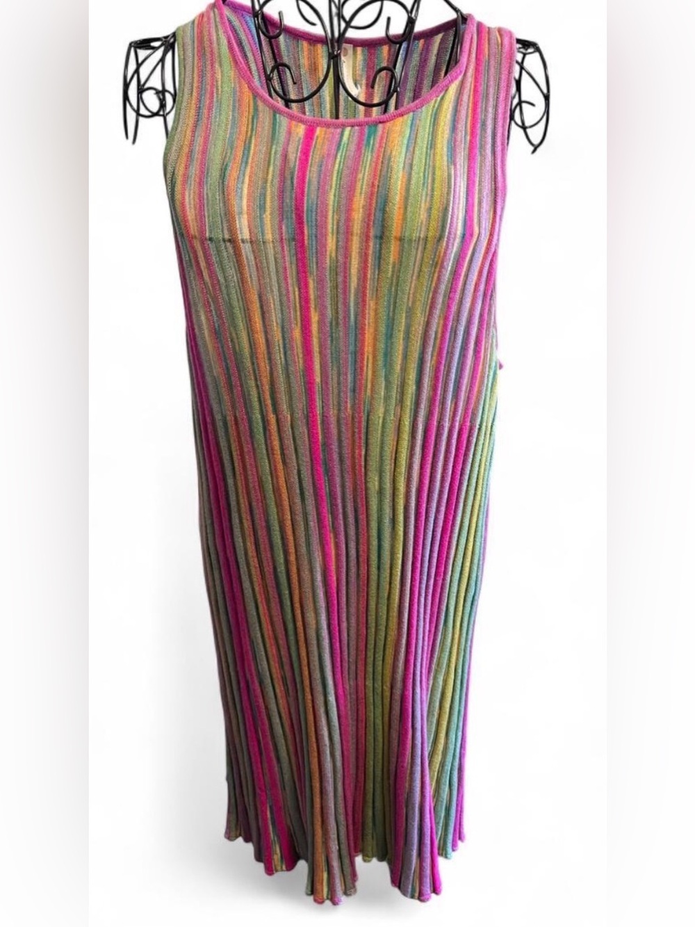 Sleeveless Multicolor Ribbed Maxi Dress - Pink & Green Stripes